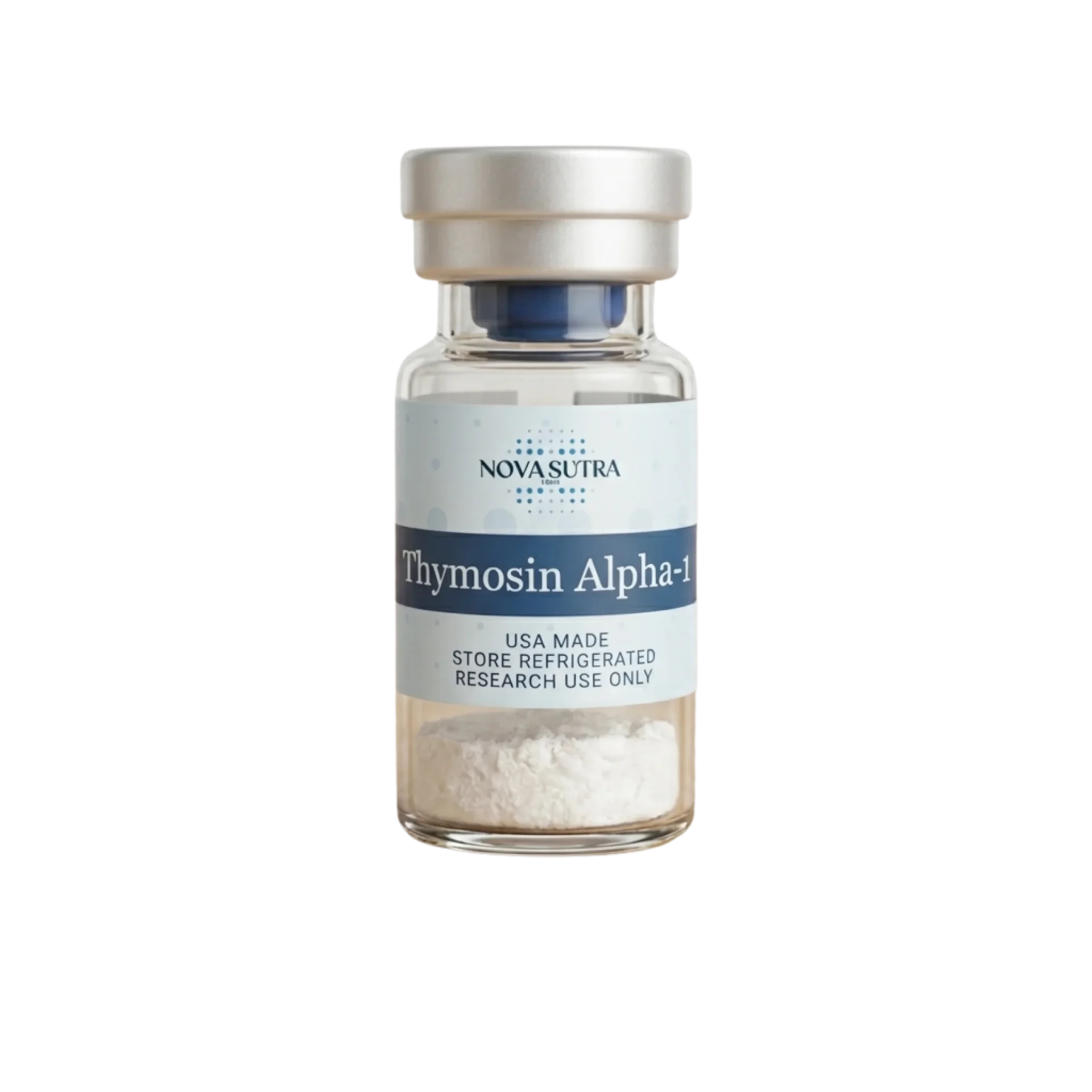 Nova Sutra Thymosin Alpha-1 vial with white powder, labeled for research use, USA made and refrigerated storage required